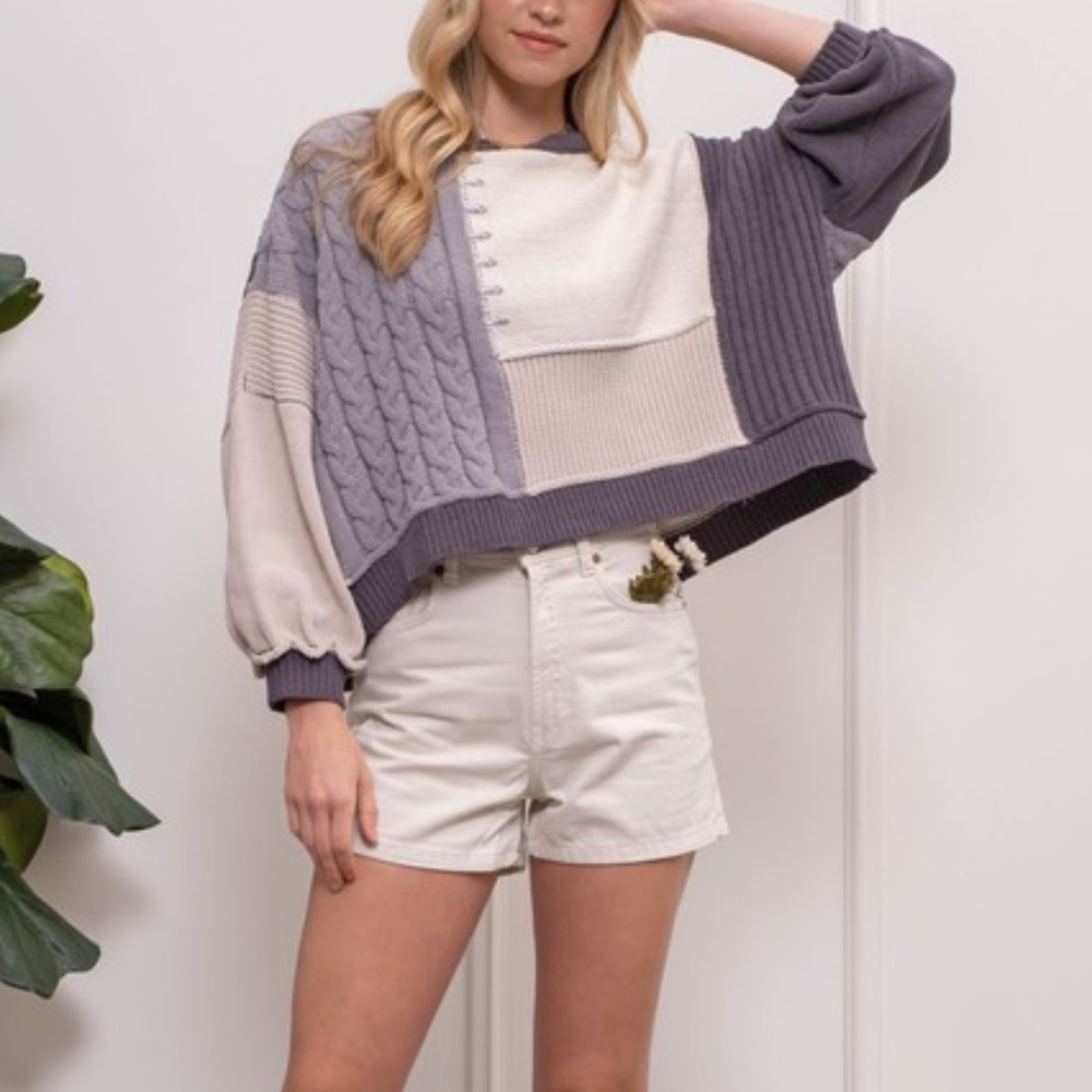 022 Cozy Color Block Back Tie Sweater Top - Picture 2 of 5